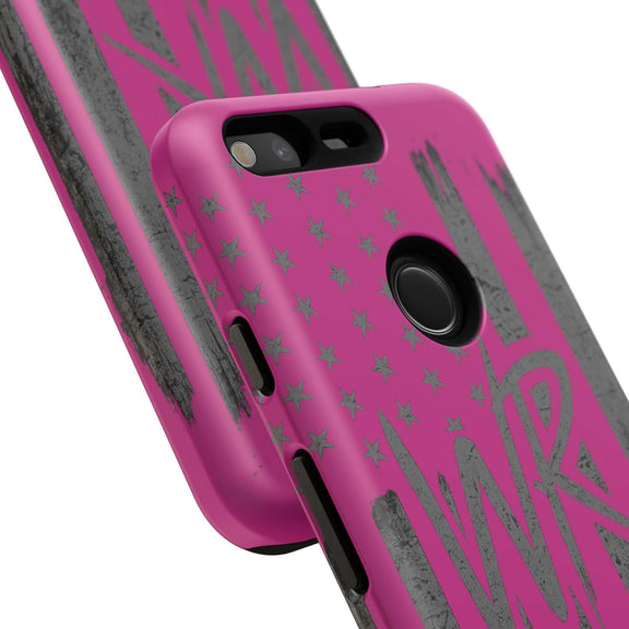 Pink 'WR' Flag Tough Phone Case by Printify with a durable design and vibrant flag pattern on a sleek surface.