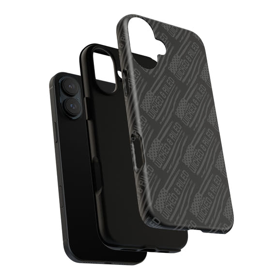 Rugged black protective phone case by Printify featuring a textured "TOUGH CASES" pattern for enhanced grip and durability.
