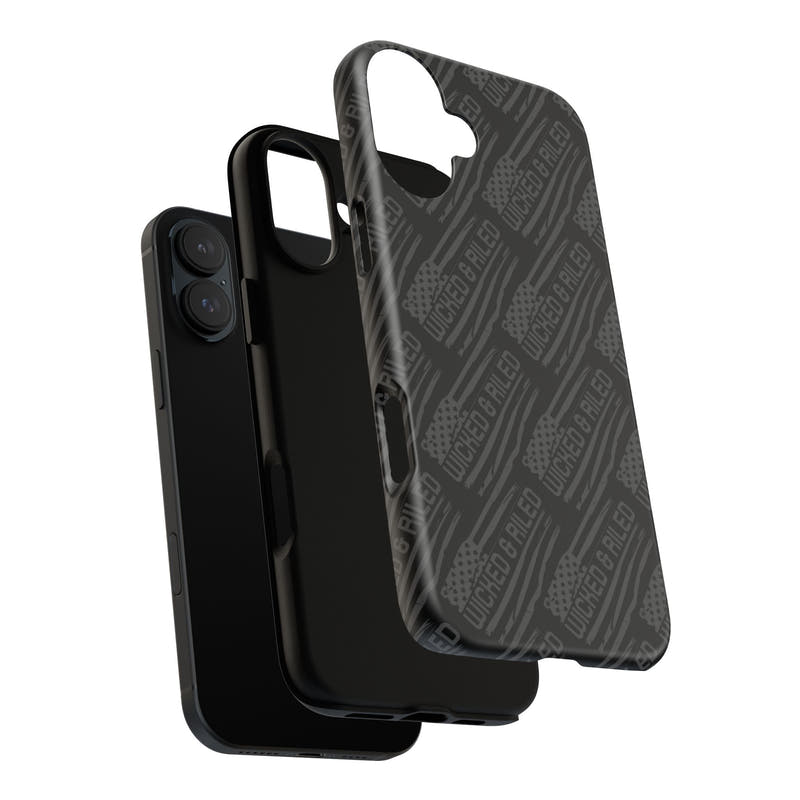 Rugged black protective phone case by Printify featuring a textured "TOUGH CASES" pattern for enhanced grip and durability.