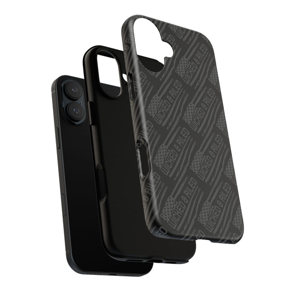 Rugged black protective phone case by Printify featuring a textured "TOUGH CASES" pattern for enhanced grip and durability.