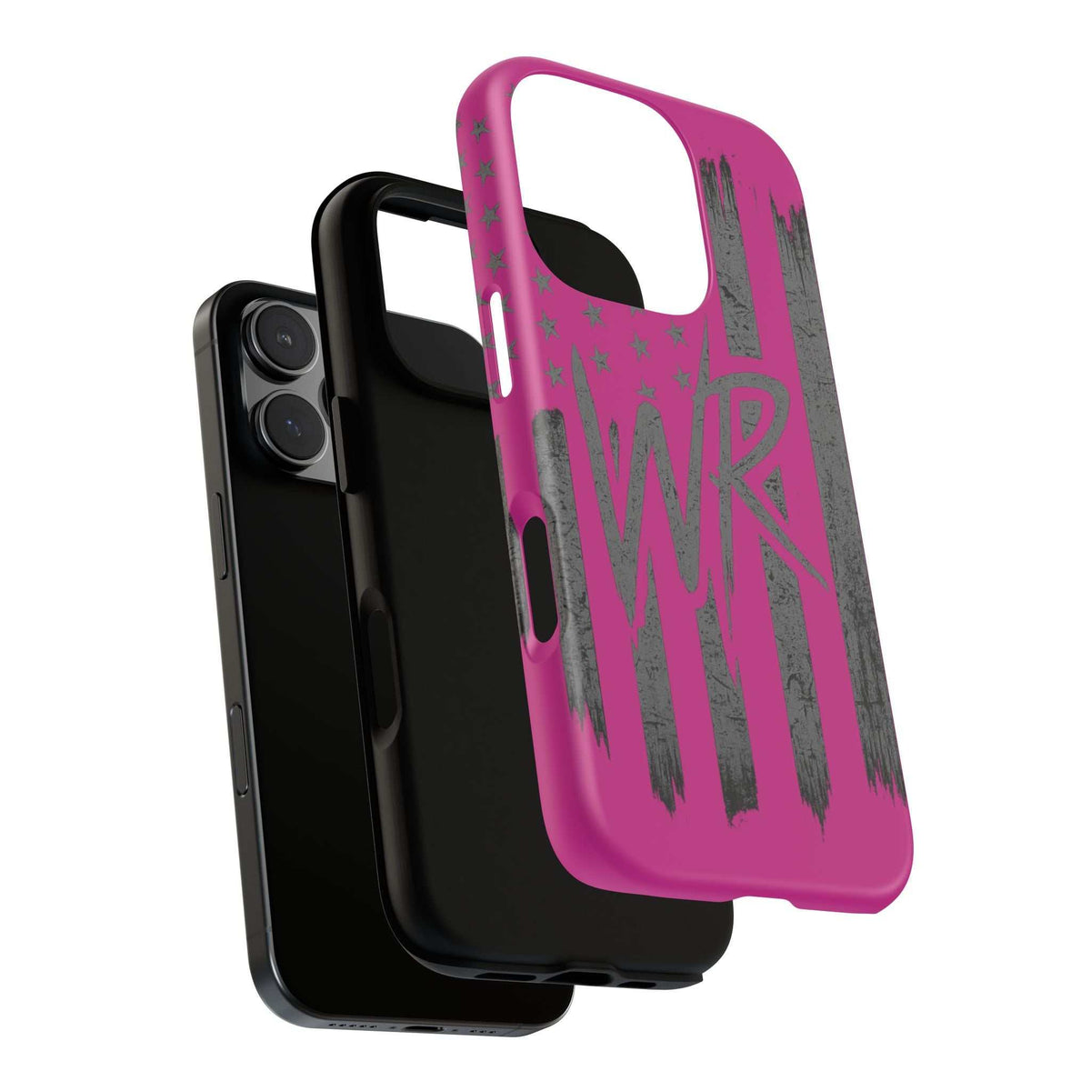 Pink 'WR' Flag Tough Phone Case by Printify with durable design and vibrant flag graphic on a sleek surface.