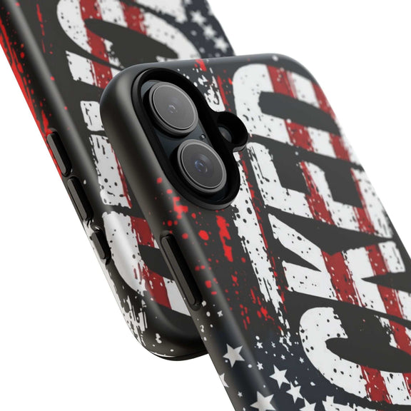 Distressed American flag phone case with "VETERAN" graphic by Printify, featuring rugged, patriotic protection design.