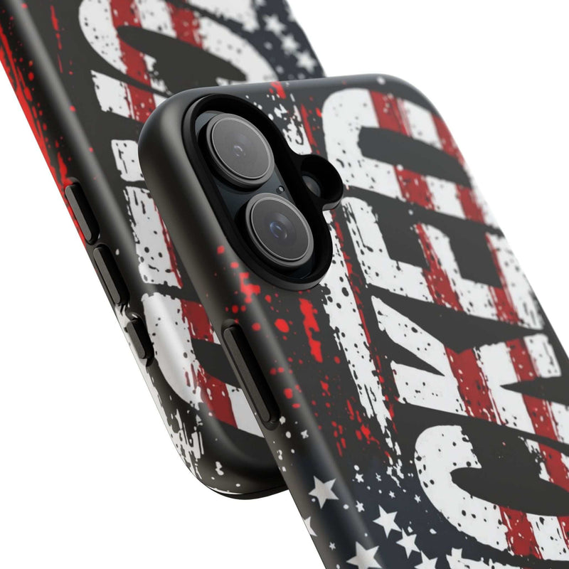 Distressed American flag phone case with "VETERAN" graphic by Printify, featuring rugged, patriotic protection design.