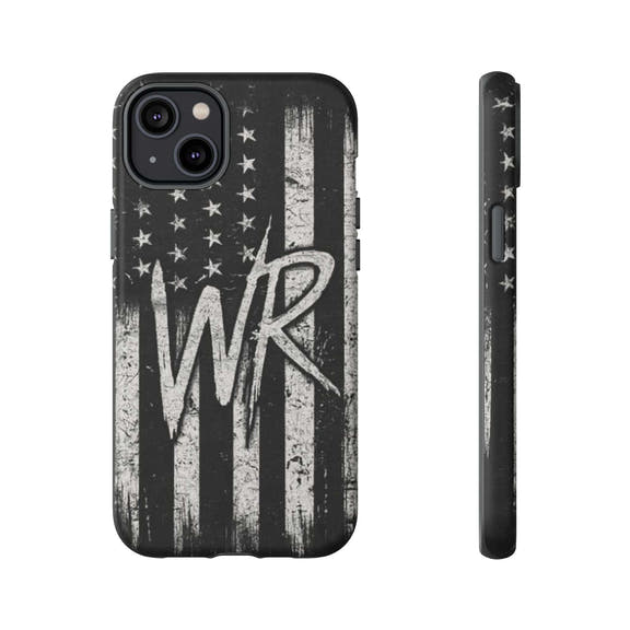 Distressed American flag design on a Patriotic Monogram Tough Phone Case featuring custom initials WR by Printify.