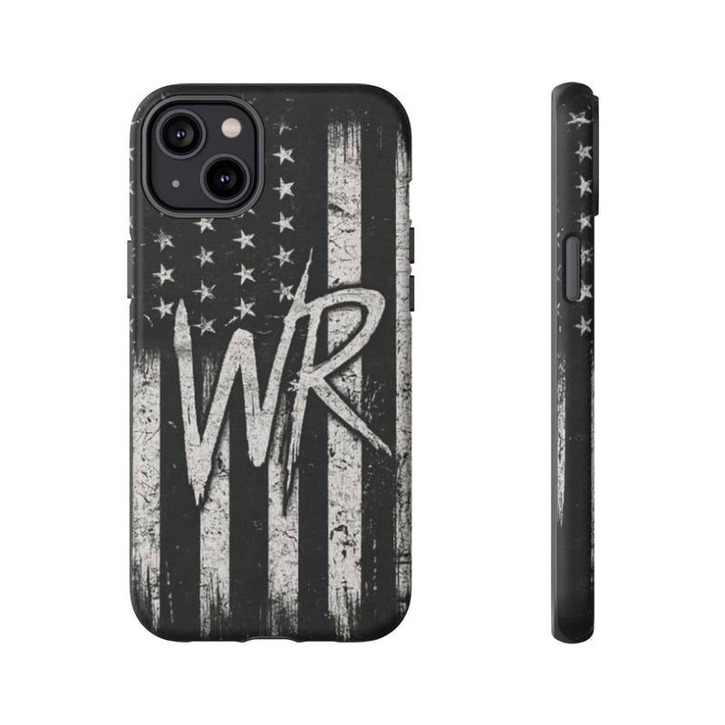 Distressed American flag design on a Patriotic Monogram Tough Phone Case featuring custom initials WR by Printify.