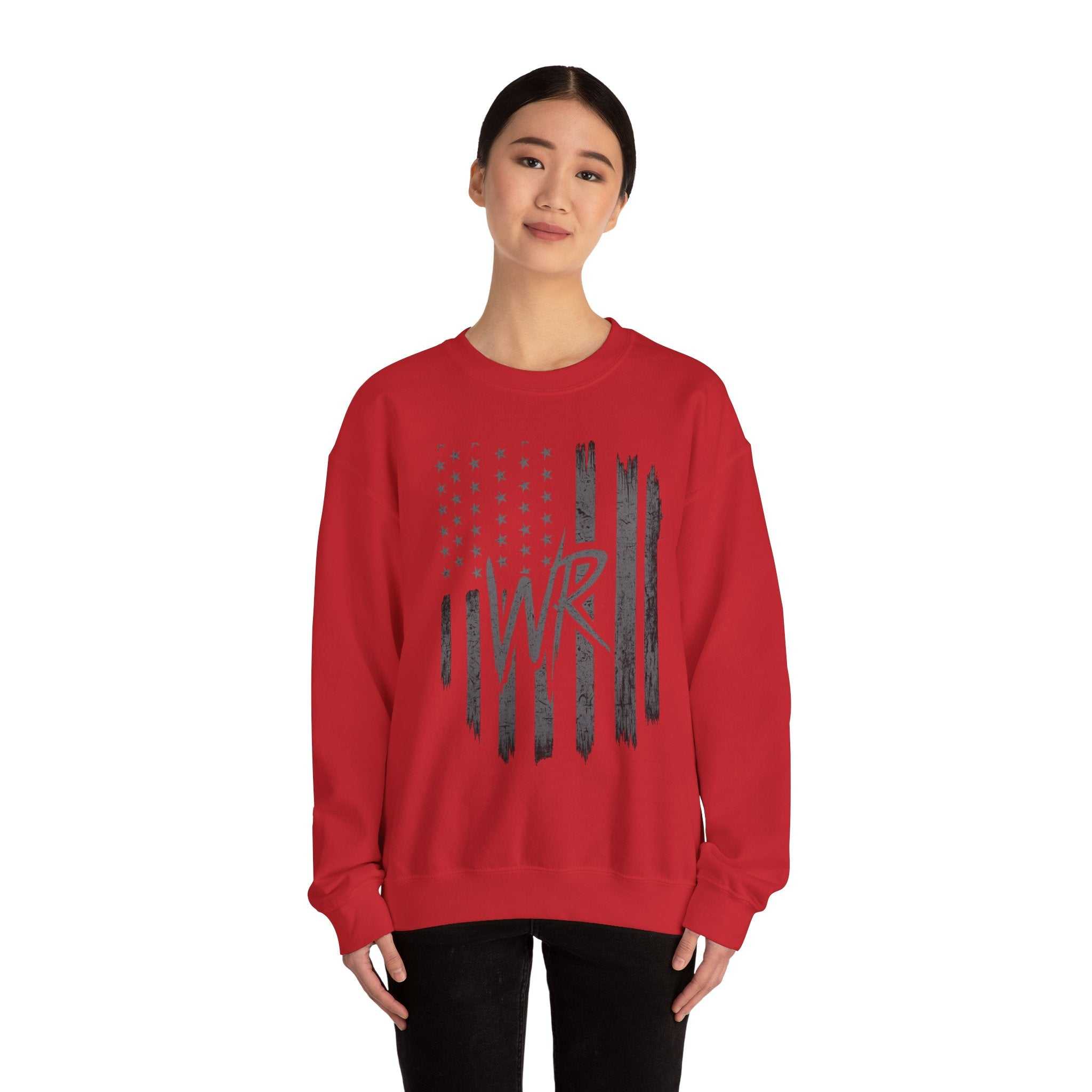 Distressed American flag crewneck sweatshirt featuring WR monogram by Printify, perfect for patriotic style.