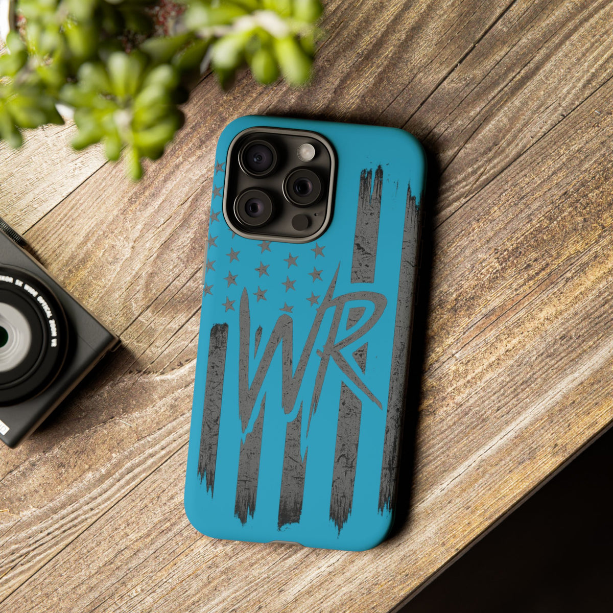 Patriotic blue 'WR' flag tough phone case by Printify showcasing durable design and vibrant colors.