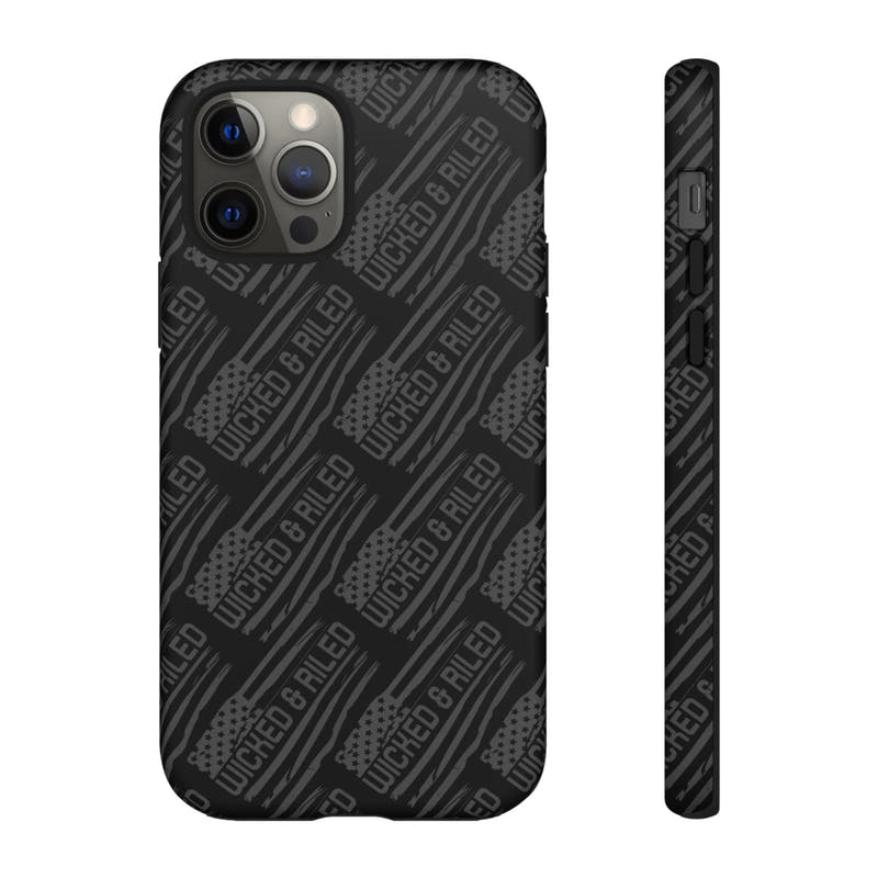 Rugged black protective phone case by Printify featuring a textured "TOUGH CASES" pattern for enhanced grip and durability.