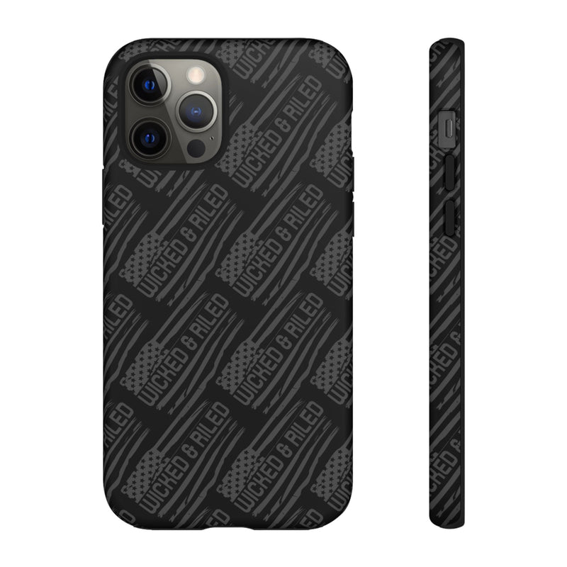 Rugged black protective phone case by Printify featuring a textured "TOUGH CASES" pattern for enhanced grip and durability.
