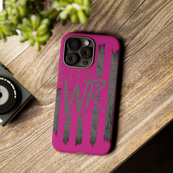 Pink 'WR' Flag Tough Phone Case by Printify, featuring a durable design with a vibrant flag pattern for protection.