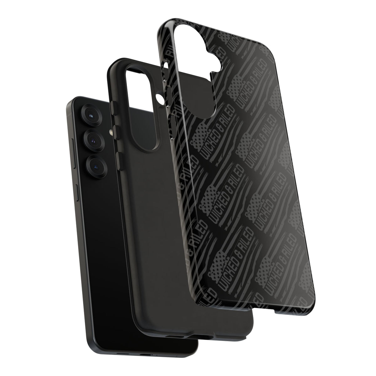 Rugged black protective phone case with "TOUGH CASES" text pattern by Printify, designed for durability and style.