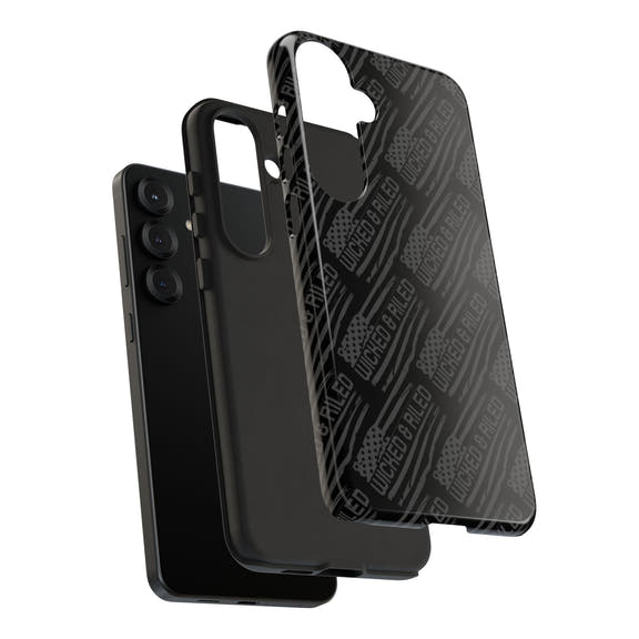 Rugged black protective phone case with "TOUGH CASES" text pattern by Printify, designed for durability and style.
