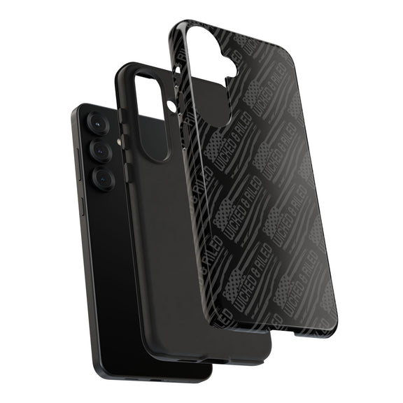 Rugged black protective phone case with "TOUGH CASES" text pattern by Printify, designed for durability and style.