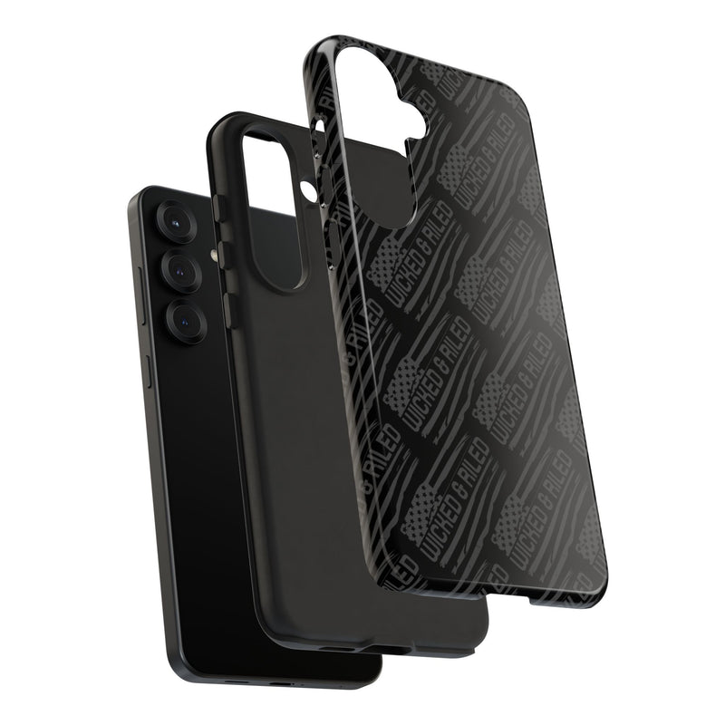 Rugged black protective phone case with "TOUGH CASES" text pattern by Printify, designed for durability and style.