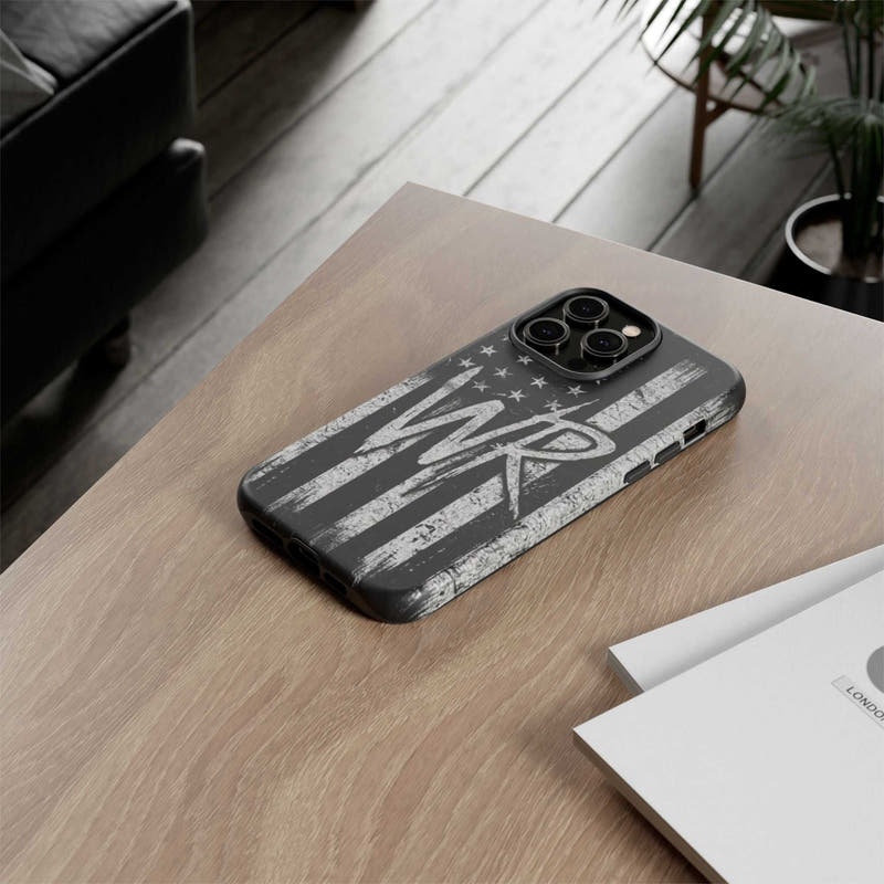 Distressed American flag phone case with WR monogram, designed by Printify for tough protection and style.