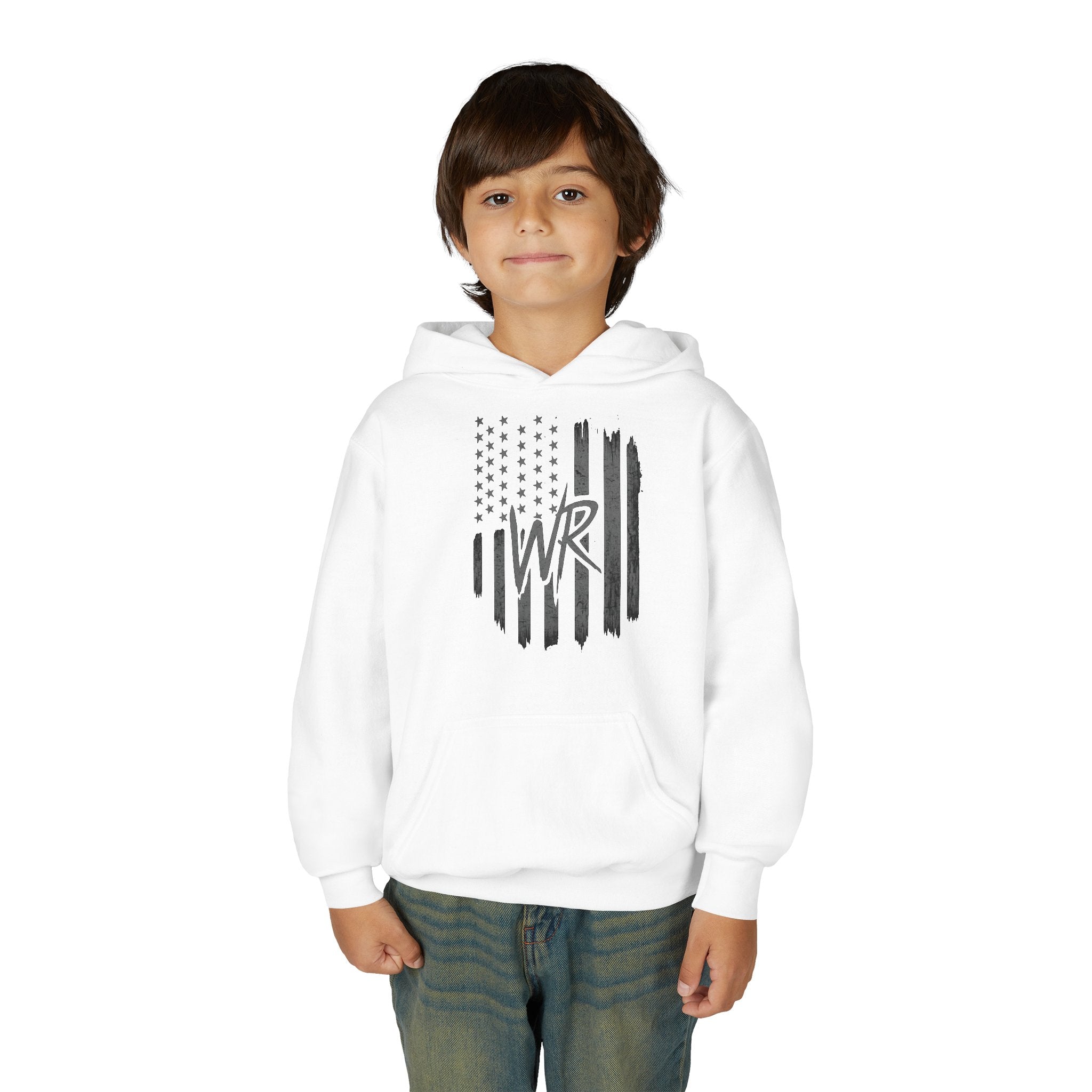 Youth Hoodie Distressed American Flag with Initials 'WR' - Wicked & Riled Clothing