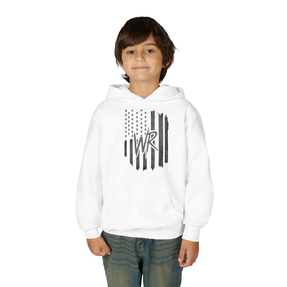 Youth Hoodie Distressed American Flag with Initials 'WR' - Wicked & Riled Clothing