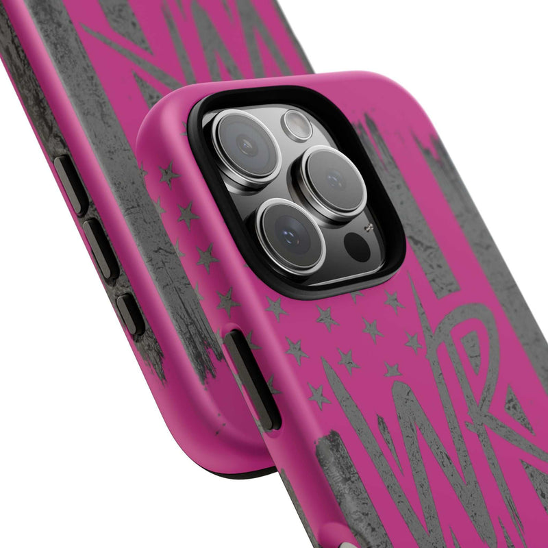 Pink 'WR' Flag Tough Phone Case by Printify featuring a durable design and vibrant flag pattern on a smartphone.