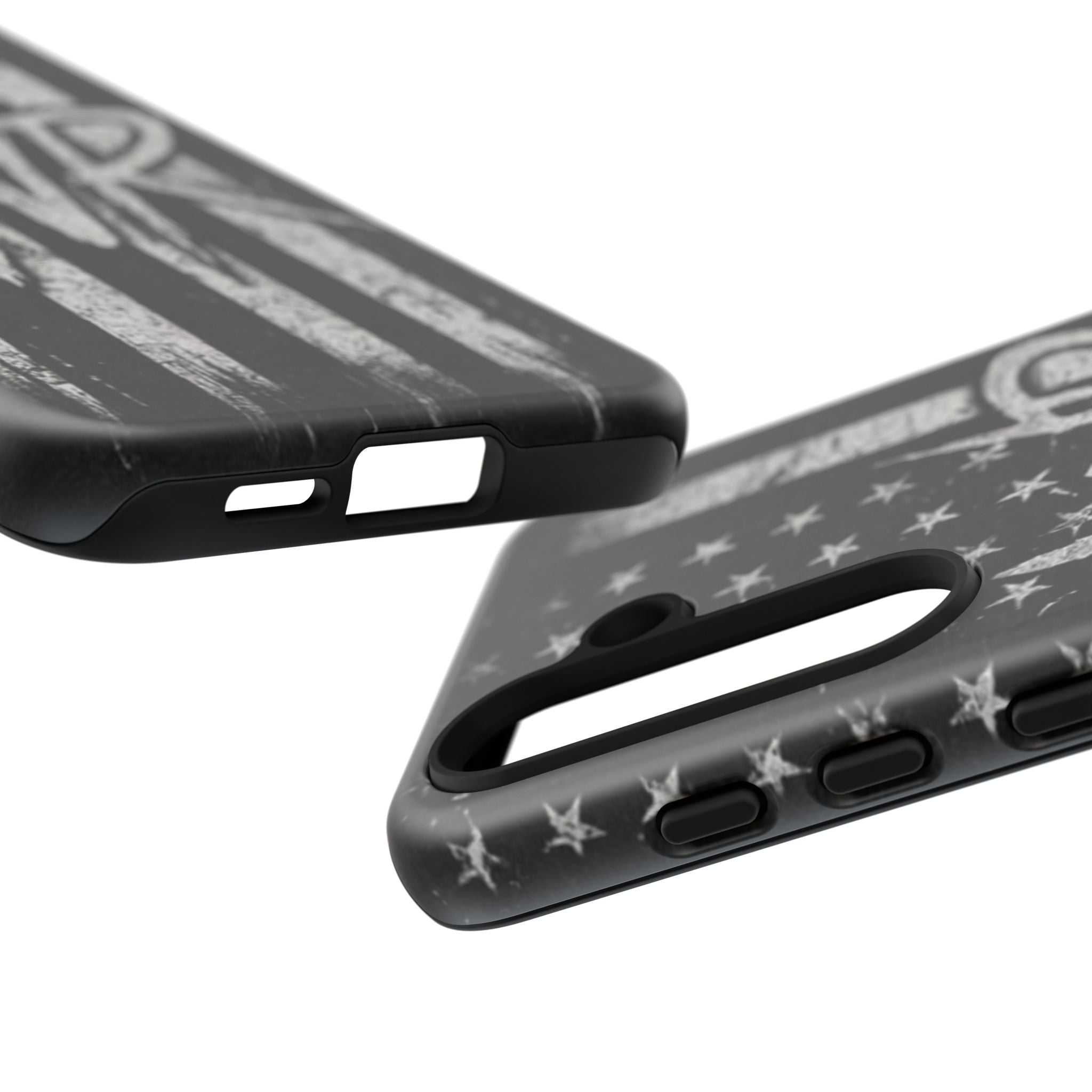 Distressed American flag phone case with monogram WR by Printify, showcasing a tough design for protection and style.