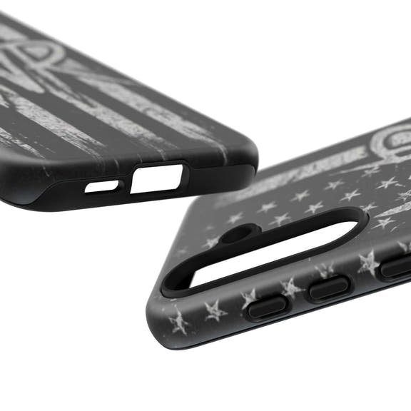 Distressed American flag phone case with monogram WR by Printify, showcasing a tough design for protection and style.