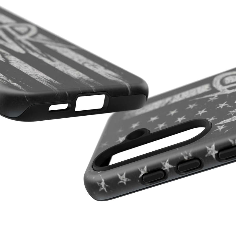 Distressed American flag phone case with monogram WR by Printify, showcasing a tough design for protection and style.