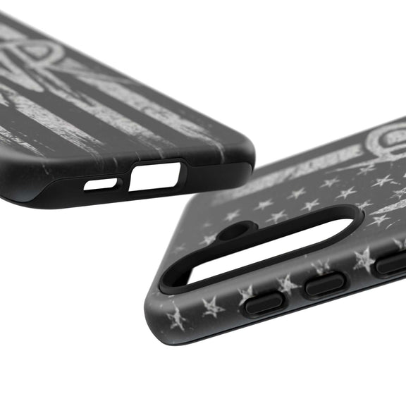 Distressed American flag phone case with monogram WR by Printify, showcasing a tough design for protection and style.
