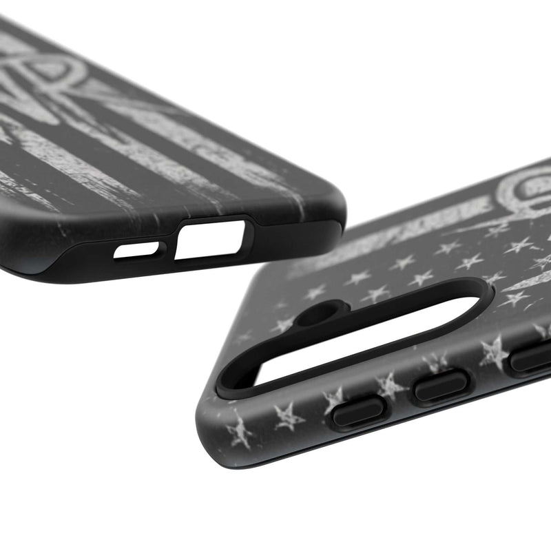 Distressed American flag phone case with monogram WR by Printify, showcasing a tough design for protection and style.