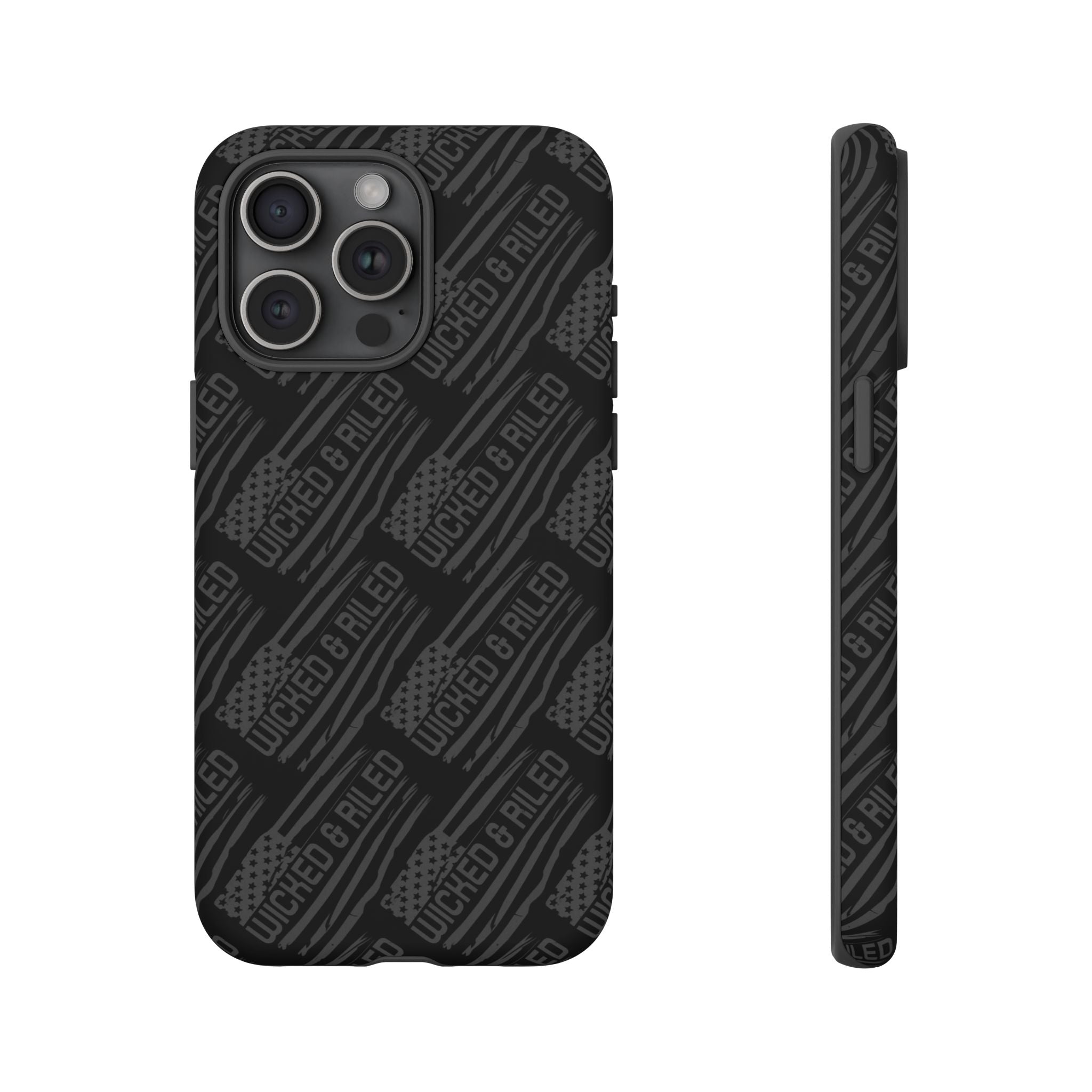 Rugged black protective phone case by Printify featuring a textured "TOUGH CASES" pattern.