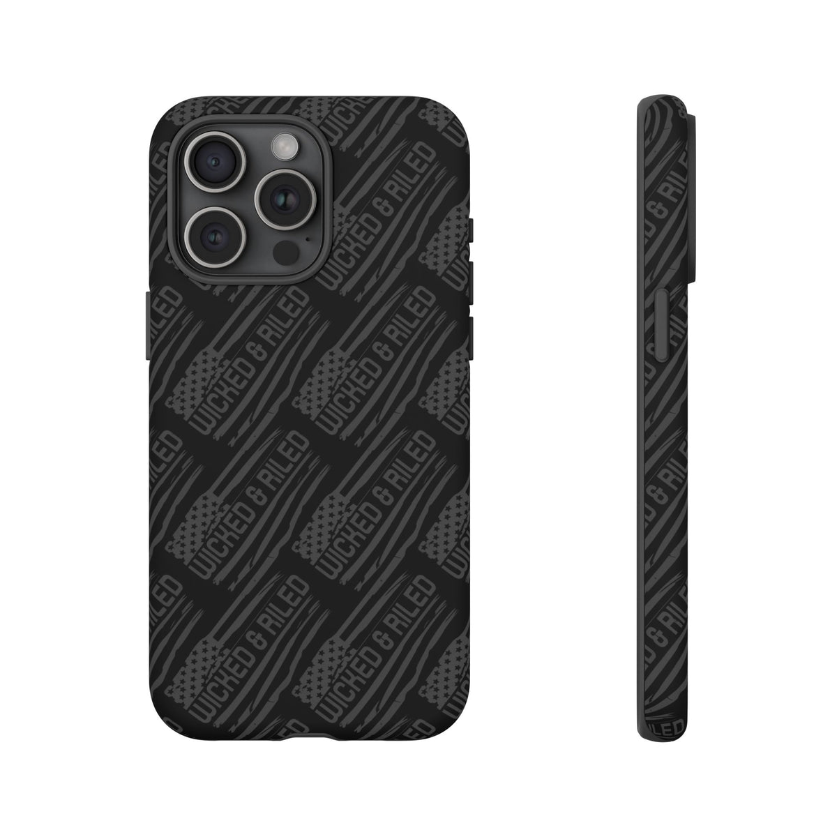 Rugged black protective phone case by Printify featuring a textured "TOUGH CASES" pattern.