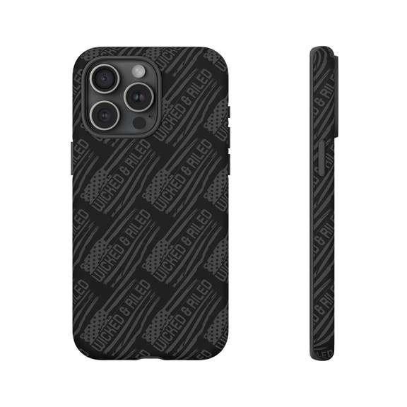 Rugged black protective phone case by Printify featuring a textured "TOUGH CASES" pattern.
