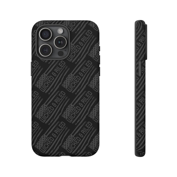 Rugged black protective phone case by Printify featuring a textured "TOUGH CASES" pattern.