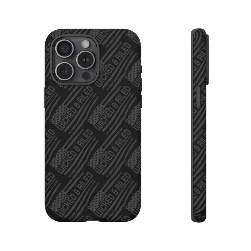 Rugged black protective phone case by Printify featuring a textured "TOUGH CASES" pattern.