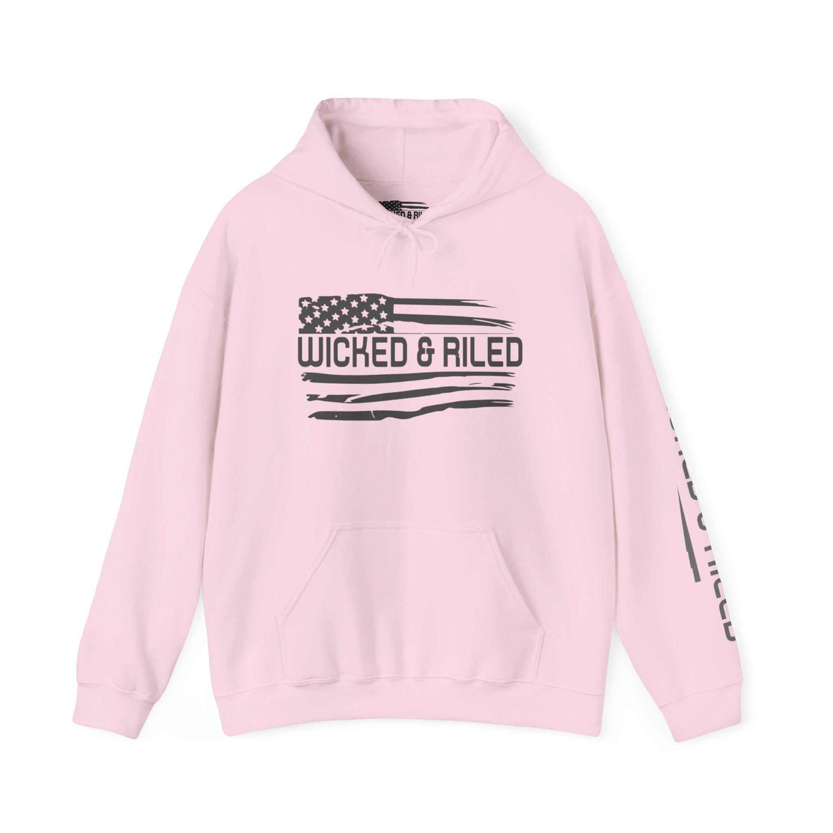 Distressed American logo on a Wicked & Riled pullover hoodie by Printify, featuring a cozy, casual design.