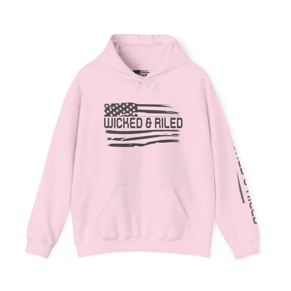 Distressed American logo on a Wicked & Riled pullover hoodie by Printify, featuring a cozy, casual design.