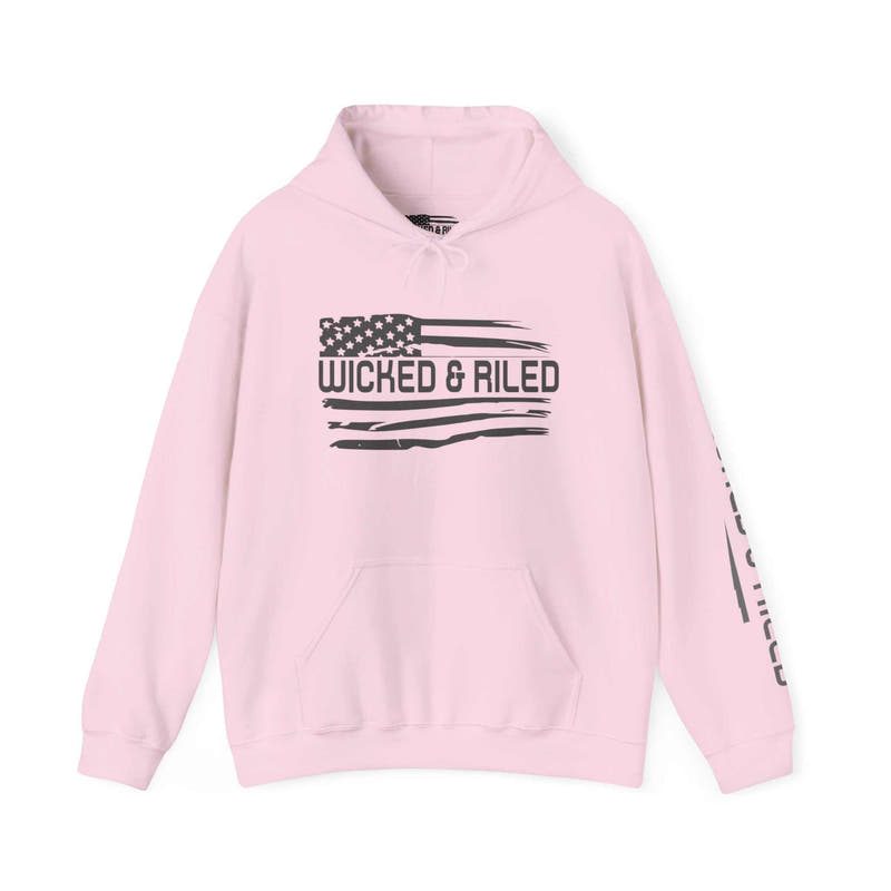 Distressed American logo on a Wicked & Riled pullover hoodie by Printify, featuring a cozy, casual design.