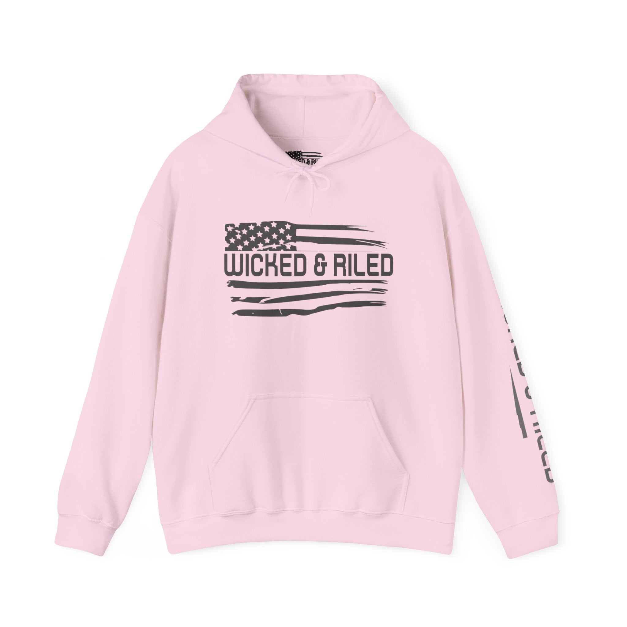 Wicked & Riled Flag Hoodie — Distressed American Logo Pullover