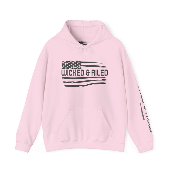Distressed American logo on a Wicked & Riled pullover hoodie by Printify, featuring a cozy, casual design.
