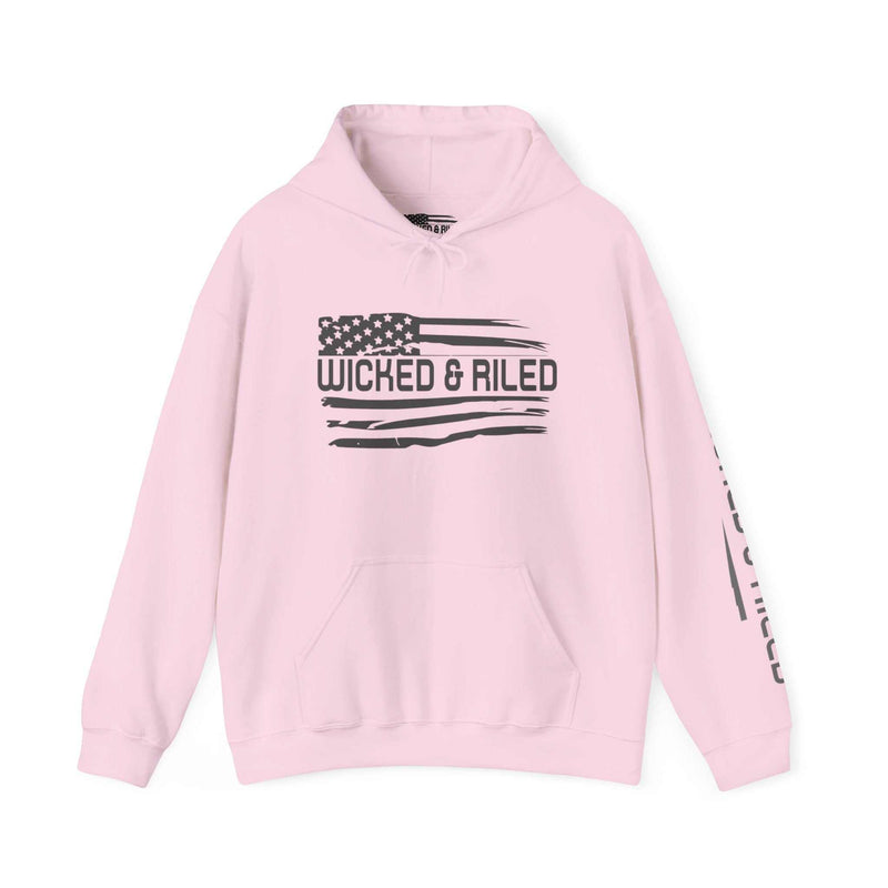 Distressed American logo on a Wicked & Riled pullover hoodie by Printify, featuring a cozy, casual design.