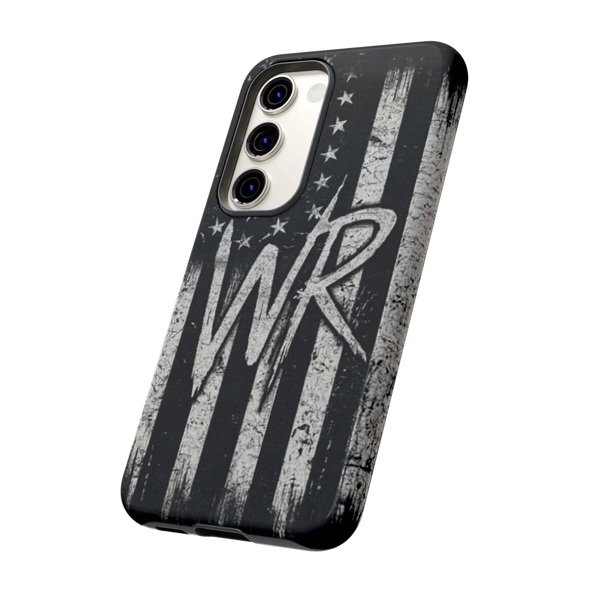 Distressed American flag design on a Patriotic Monogram Tough Phone Case featuring the initials WR by Printify.