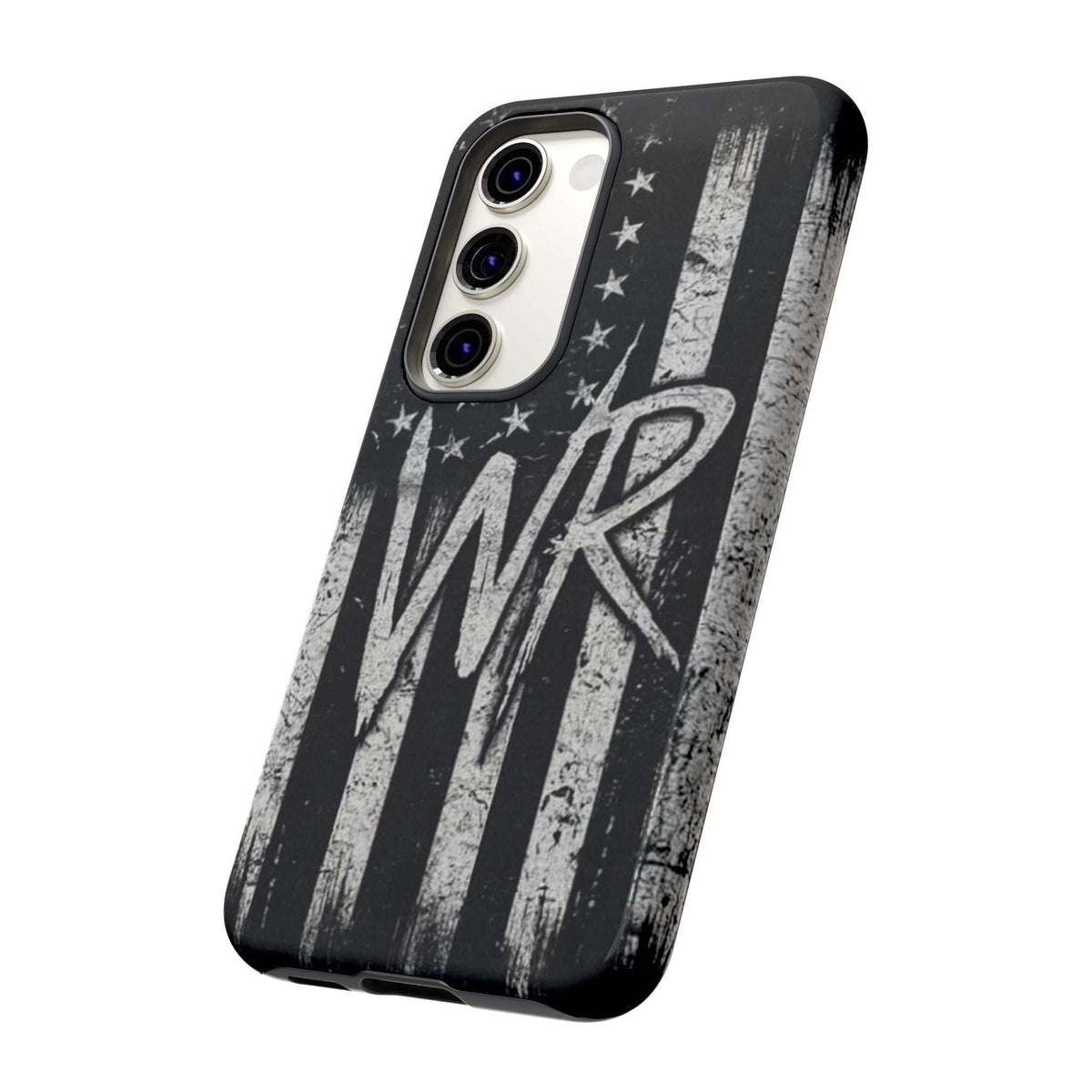 Distressed American flag design on a Patriotic Monogram Tough Phone Case featuring the initials WR by Printify.