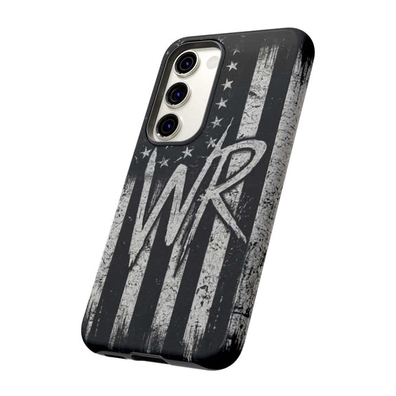 Distressed American flag design on a Patriotic Monogram Tough Phone Case featuring the initials WR by Printify.
