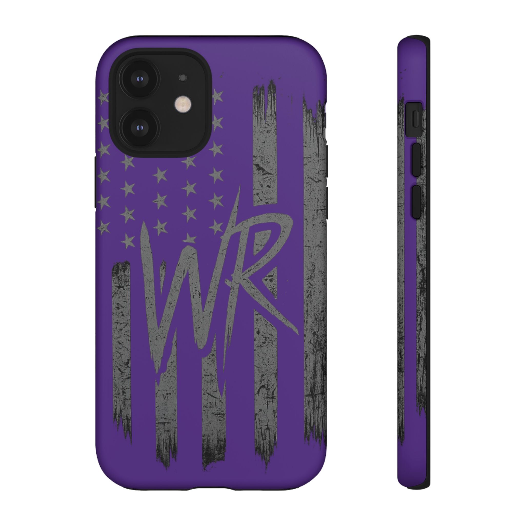 Purple 'WR' flag tough phone case by Printify, showcasing durable design and vibrant color on a sleek phone model.