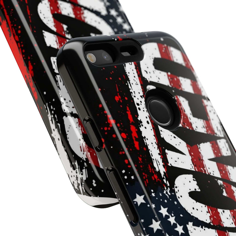 Distressed American Flag phone case with "VETERAN" graphic by Printify, showcasing rugged patriotic design and protection.
