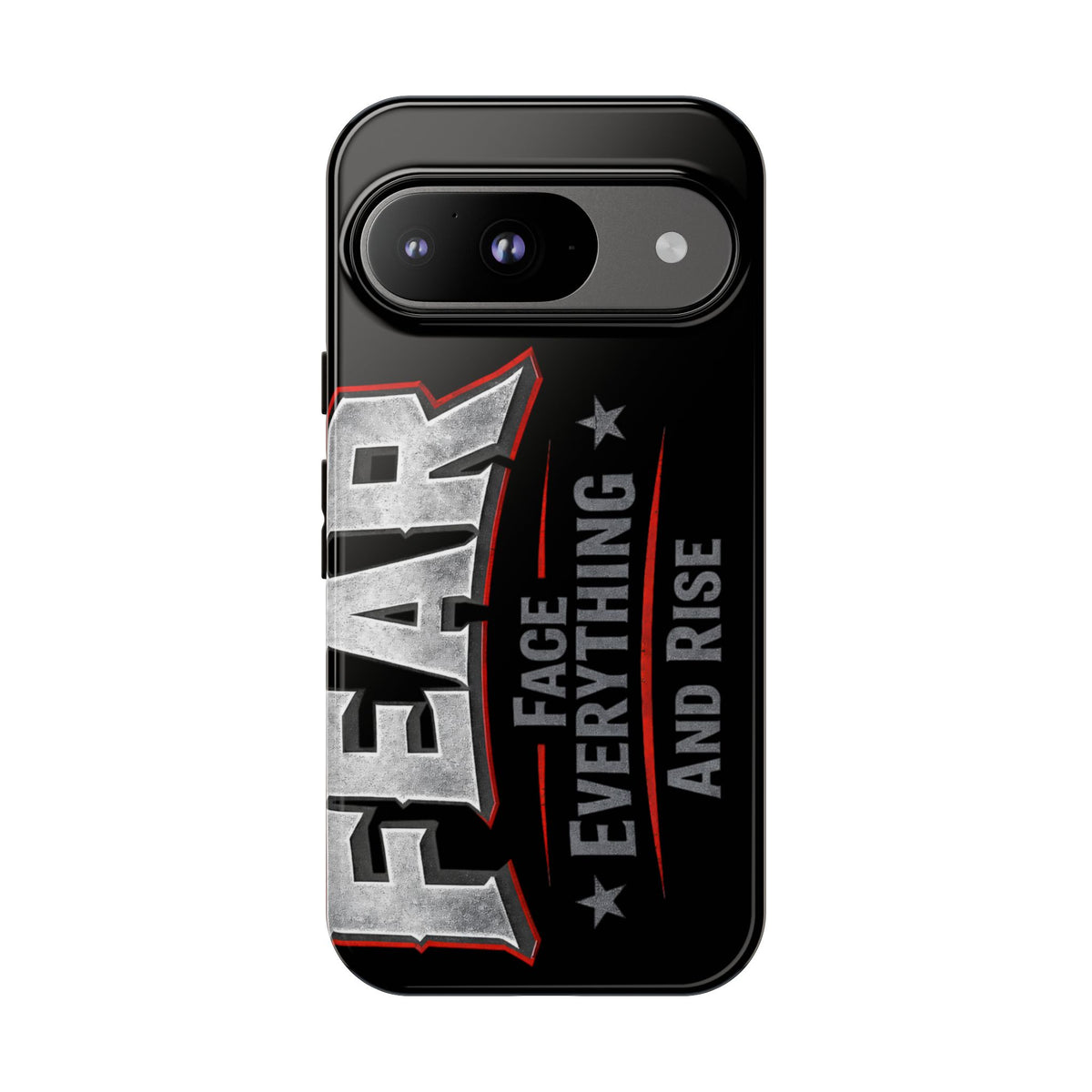 Fear Phone Case by Printify featuring bold text design "Face Everything and Rise" on a sleek protective cover.