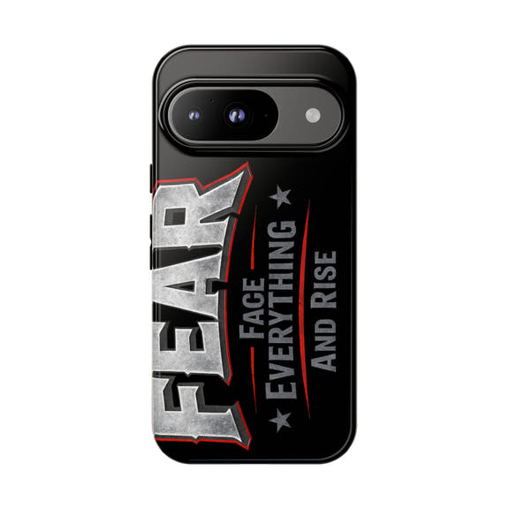 Fear Phone Case by Printify featuring bold text design "Face Everything and Rise" on a sleek protective cover.