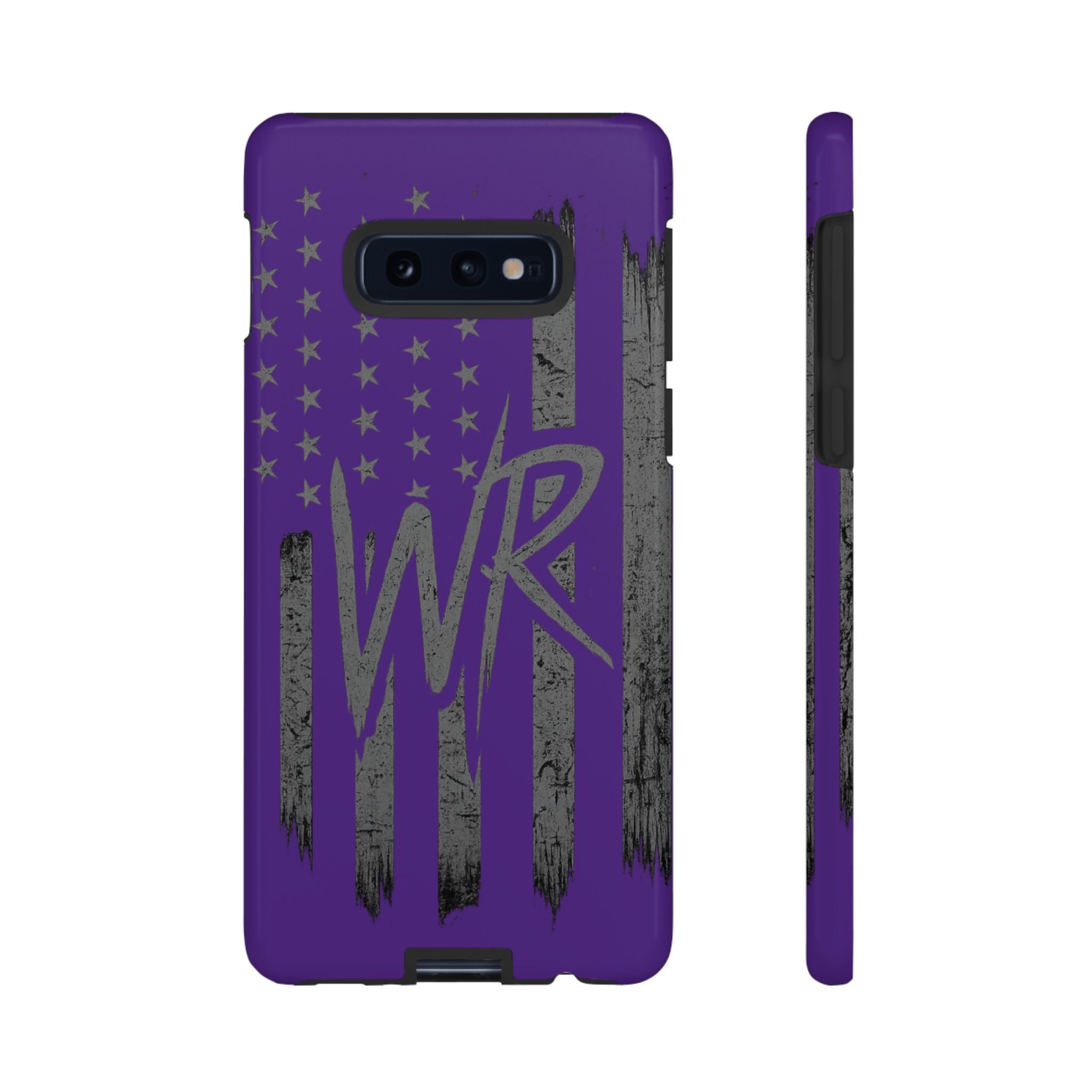 Purple 'WR' flag tough phone case by Printify, showcasing durable design and vibrant color on a smartphone.