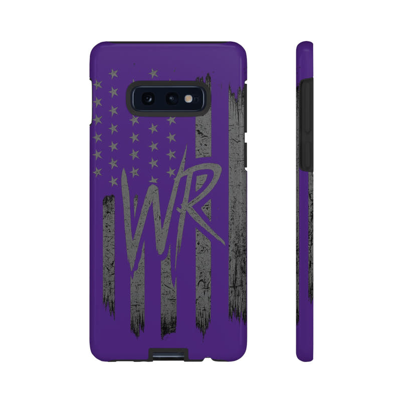 Purple 'WR' flag tough phone case by Printify, showcasing durable design and vibrant color on a smartphone.