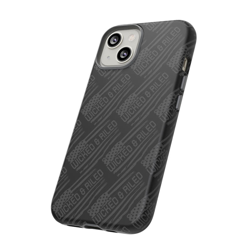 Rugged black protective phone case by Printify with a text pattern reading "TOUGH CASES" on a textured surface.