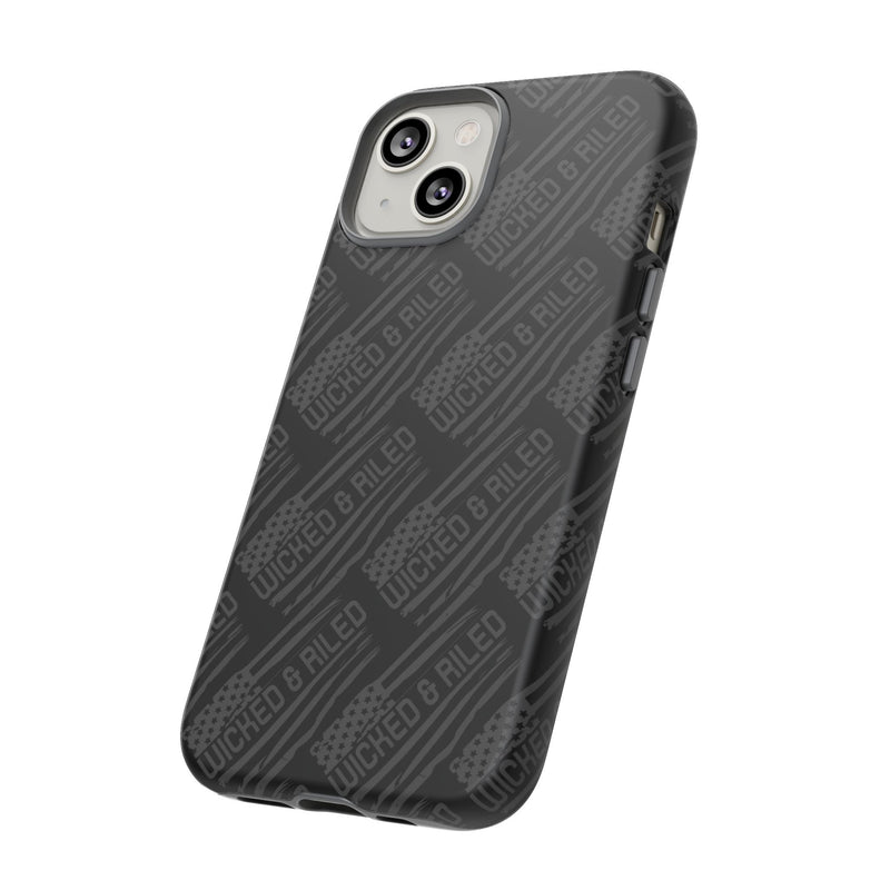 Rugged black protective phone case by Printify with a text pattern reading "TOUGH CASES" on a textured surface.