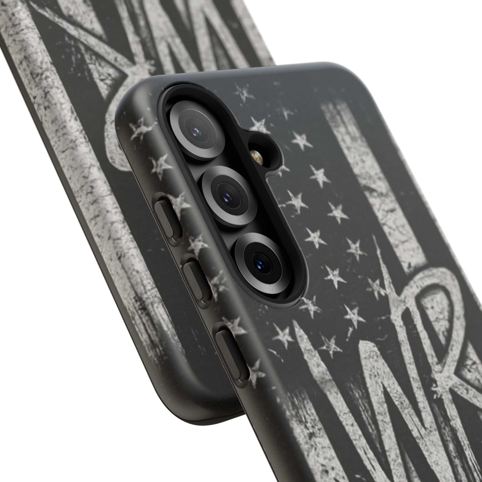 Distressed American flag design on a Patriotic Monogram tough phone case featuring the initials WR by Printify.